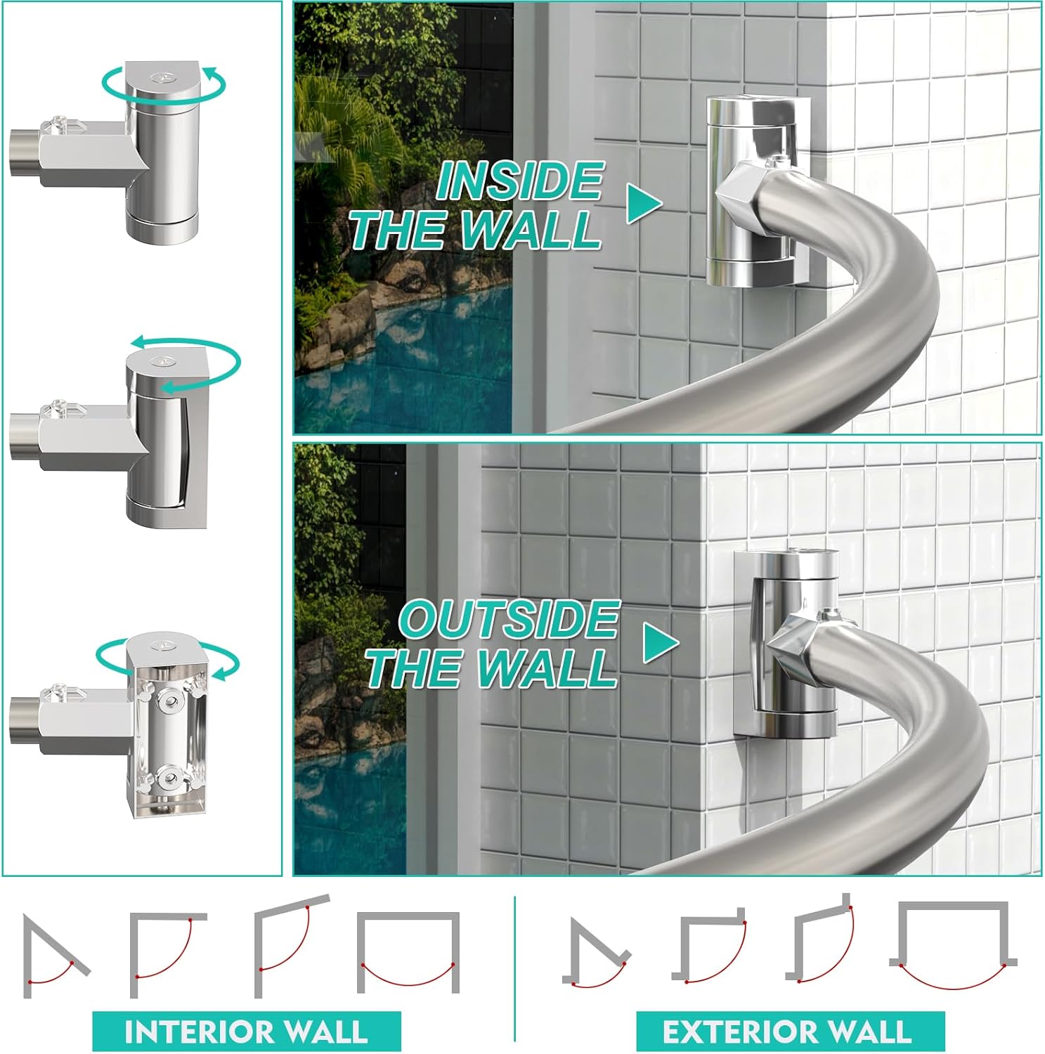 Curved Shower Curtain Rod For Bathroom 38-72 Inches, Adjustable Length, Curved Shower Rod, Metal Rods&Brackets, Round Shower Curtain Rods, Rotate Bracket For Large Shower Space, Need Drilling, Nickle